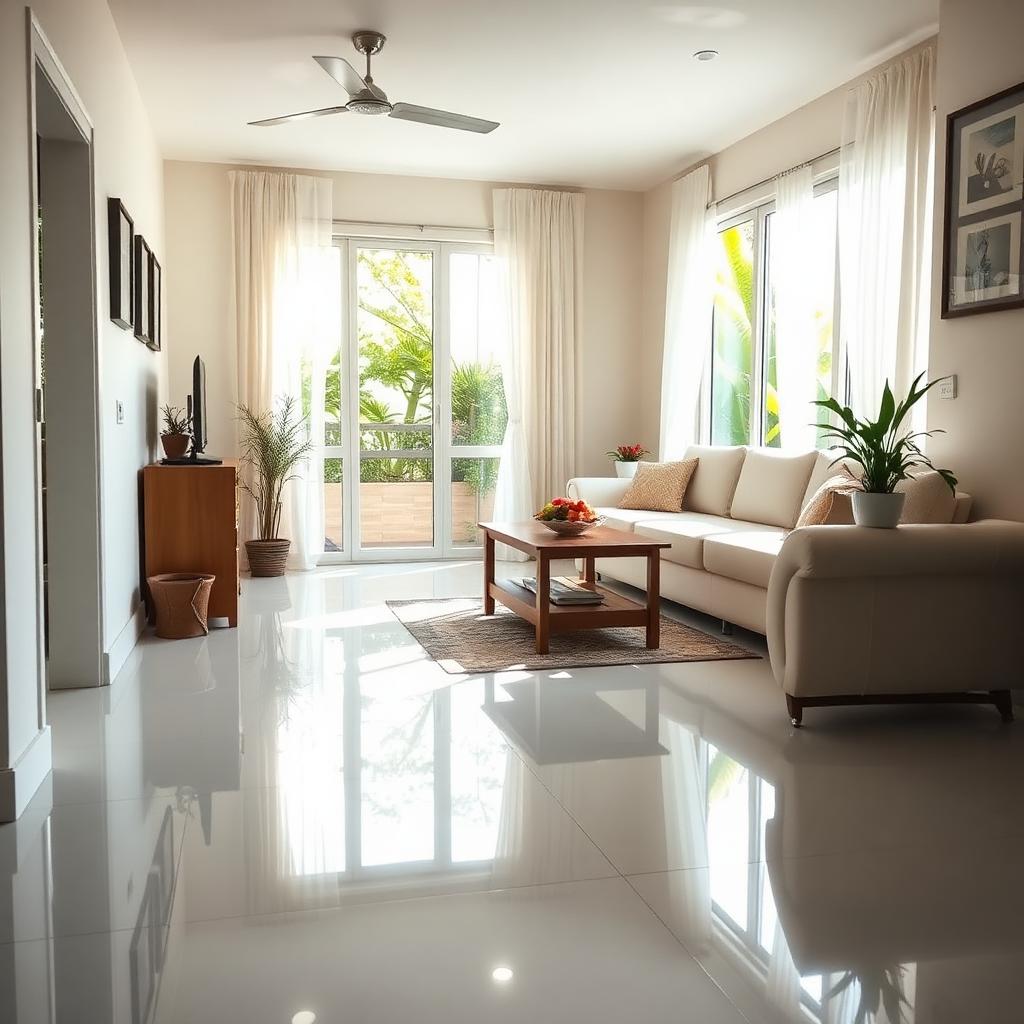 Bright, clean Indian home interior with polished floors