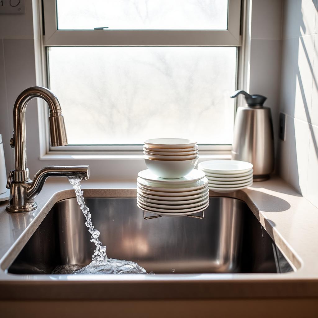 Sparkling clean kitchen sink with stacked dishes